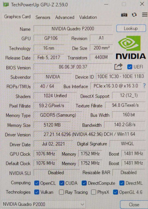NVIDIA Quadro P2000 5GB Graphics Card 4x DisplayPort _
