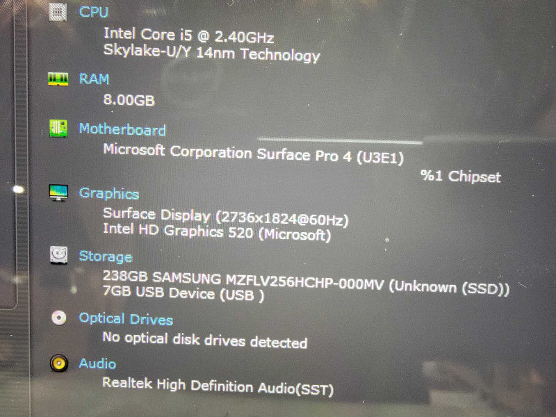 MS Surface Pro 4 1724 | 2-Core i5-6300U @2.4GHz | 8GB RAM | 256GB SSD