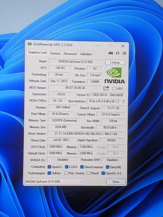 ASUS NVIDIA GeForce GTX 650 1GB GDDR5 Graphics Card Q