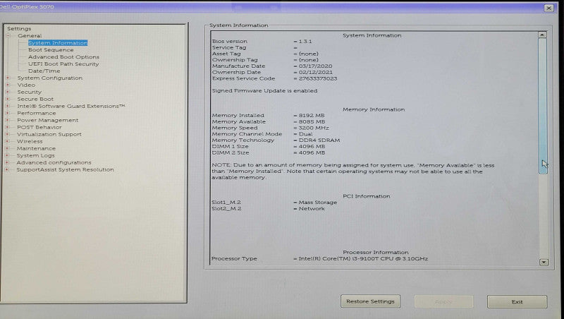 Dell OptiPlex 3070 USFF, i3-9100T 3.10GHz 4C, 8GB DDR4, 256GB NVMe, WiFi
