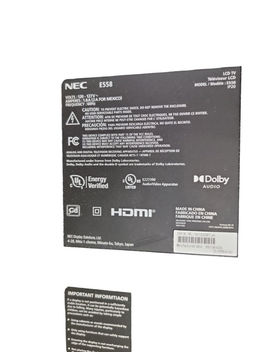 NEC Display Solutions E558 Black 55" 8ms 3840 x 2160 4K 1.07 Billion Colors