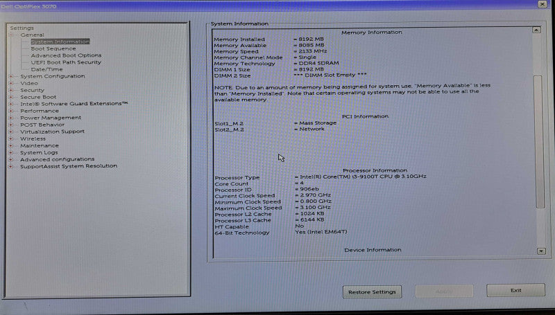Dell OptiPlex 3070 USFF | i3-9100T @ 3.10GHz 4C, 8GB DDR4, 256GB NVMe, Wi-Fi
