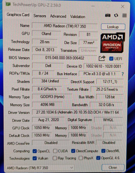 Dell AMD Radeon R7 350X 4GB DDR3 Low Profile Graphics Card | DVI, DisplayPort
