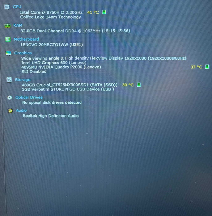 Lenovo ThinkPad P72 i7-8750H QUADRO P2000 4GB GPU 32GB RAM 525GB SSD  Lap200