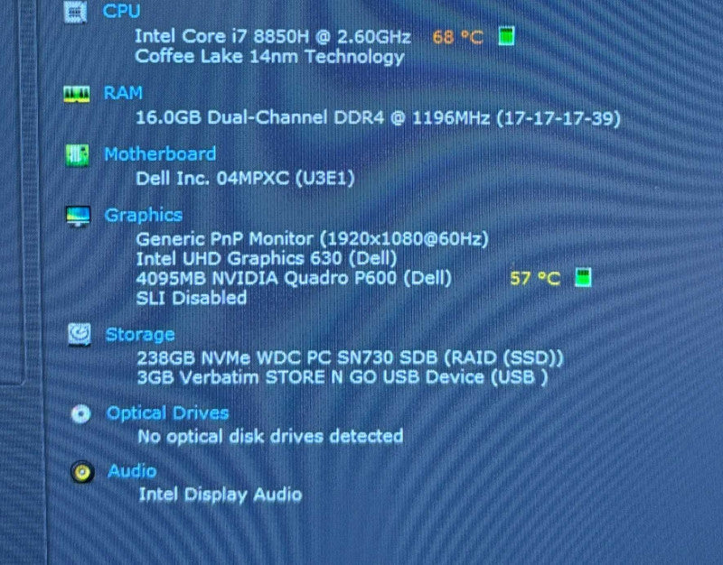 Dell Precision 3530 i7-8850H@2.6GHz QUADRO P600 4GB GPU 16GB RAM 256GB SSD Q Lap200