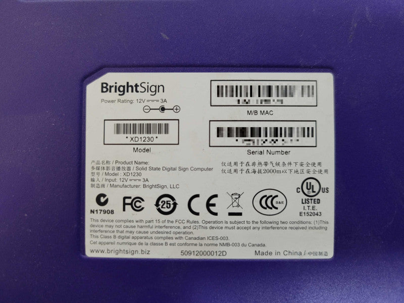 Brightsign XD1230 Interactive HDTV Signage Player w/ PWR, READ