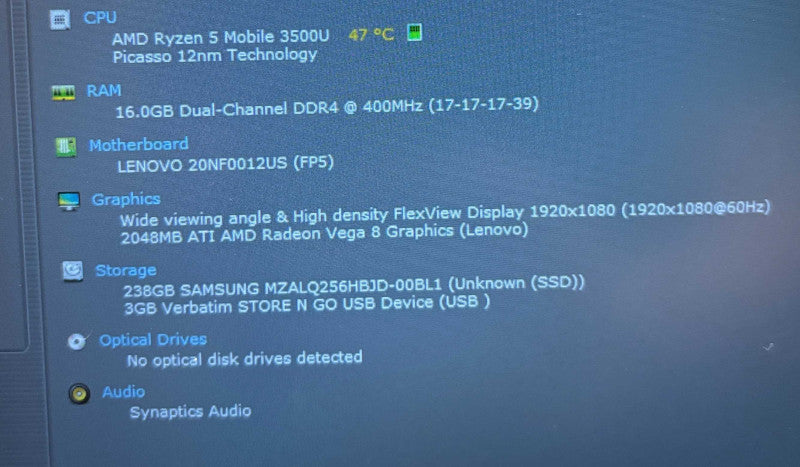 Lenovo ThinkPad E595 AMD Ryzen 5-3500U RADEON Vega Mobile 16GB RAM 256GB SSD  Lap200
