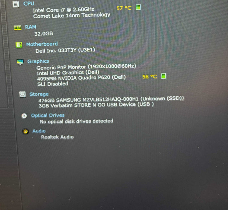 Dell Precision 3551 i7-10750H@2.6GHz QUADRO P620 4GB GPU 32GB RAM 512SSD READ  Lap200