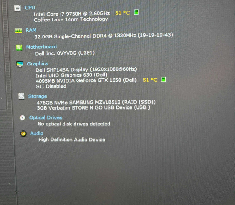 Dell XPS 15 7590 i7-9750H@2.6GHz GeForce TX 1650 4GB GPU 32GB RAM 512GB SSD Q Lap200