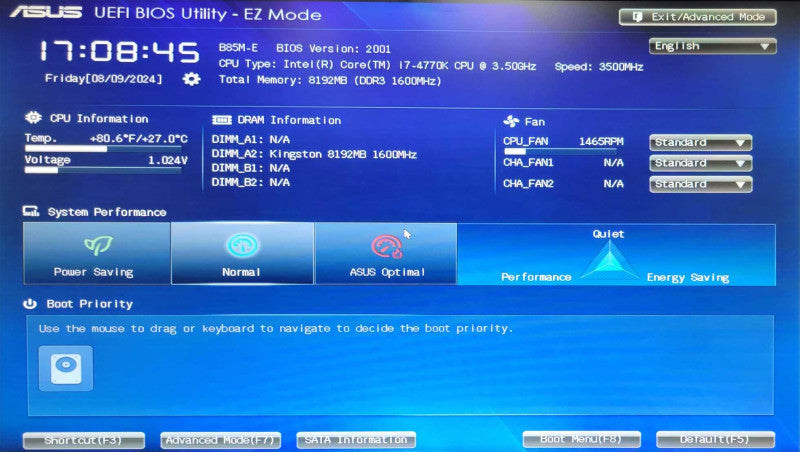 Asus B85M-E Core I7-4770K 3.5GHz, 8GB DDR3, 500GB HDD w/ Power supply & Tray Q_