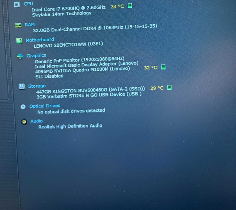 Lenovo ThinkPad P50 i7-6700HQ@2.6GHz QUADRO M1000M 4GB GPU 32GB 480SSD READ  Lap200