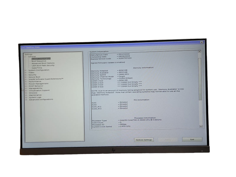 DELL OPTIPLEX 7060  i5 - 8500 CPU @ 3.00GHZ 8GB DDR4 Ram θ