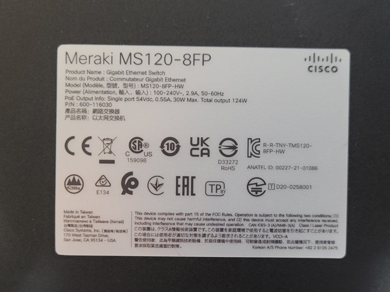 Cisco MS120-8FP, 10-Port Gigabit PoE Managed Ethernet Switch, UNCLAIMED