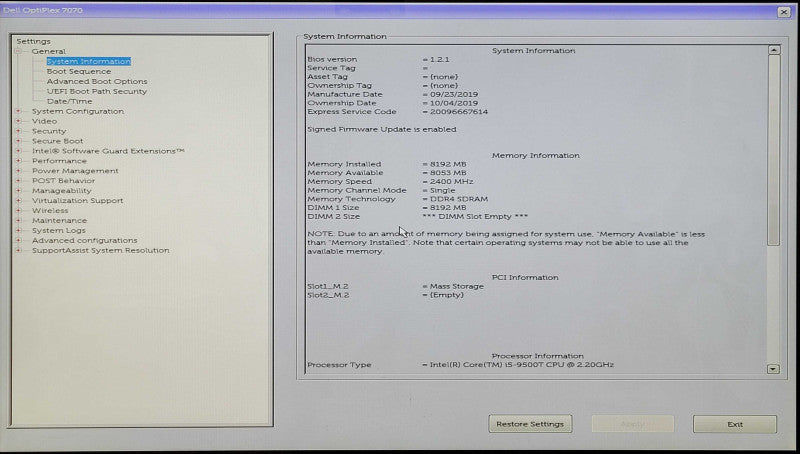 Dell OptiPlex 7070 USFF, i5-9500T 2.20GHz, 8GB DDR4, 256GB SSD