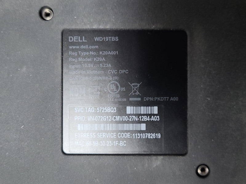 Dell WD19TBS K20A001 Thunderbolt DP HDMI Docking Station w/ 180W AC Adapter Q