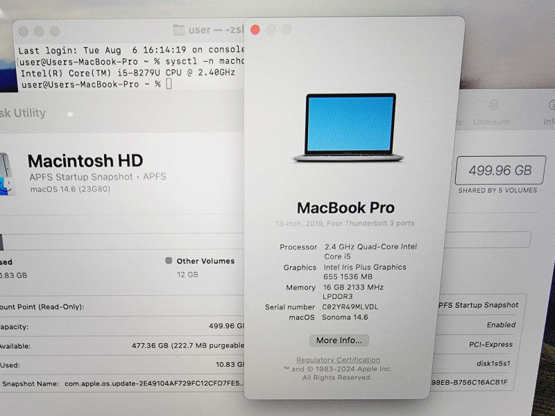 Apple Macbook Pro 2019 13" 4-Core i5-8279U @ 2.4GHz 16GB DDR3 512GB SSD (