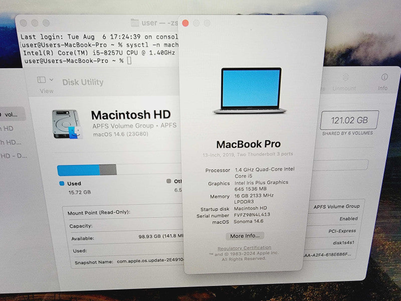 Apple Macbook Pro 2019 13" 4-Core i5-8257U @ 1.4GHz 16GB DDR3 120GB SSD (