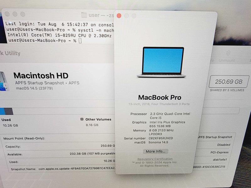 Apple Macbook Pro 2018 13" 4-Core i5-8259U @ 2.3GHz 8GB DDR3 256GB SSD (