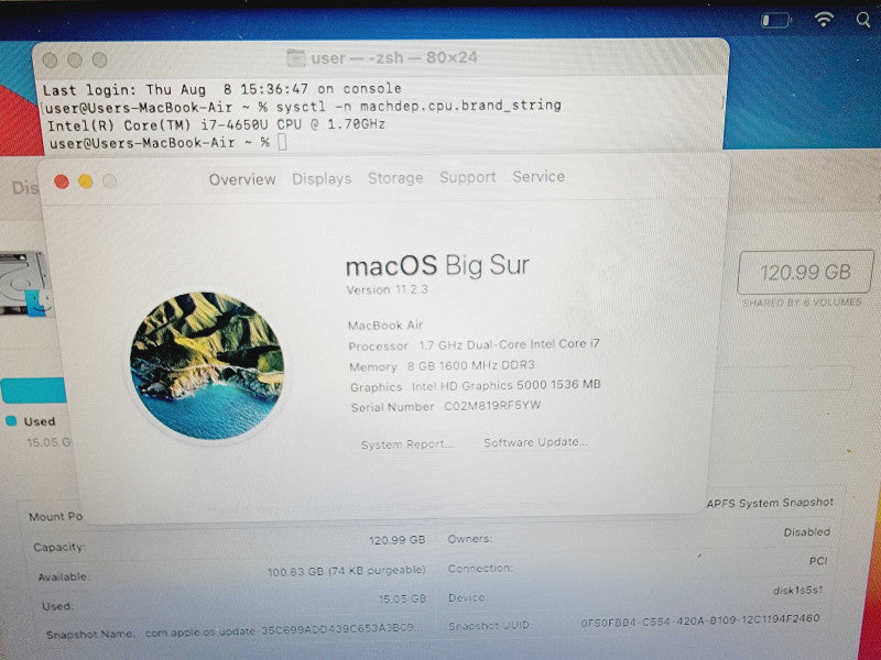 Apple Macbook Air 2013 11" 2-Core i7-4650U @ 1.7GHz 8GB DDR3 120GB SSD (