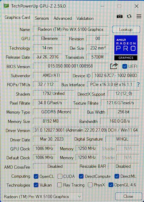 AMD Radeon Pro WX 5100 8GB GDDR5 graphics card