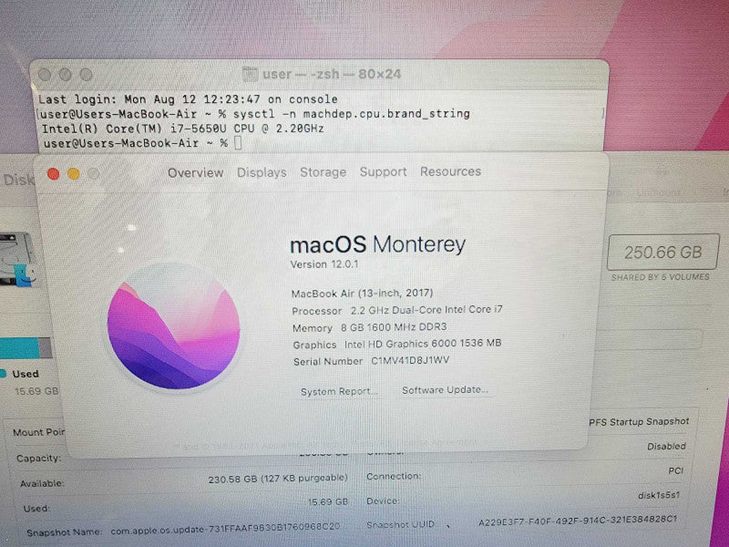 Apple Macbook Air 2017 13" 2-Core i7-5650U @ 2.2GHz 8GB DDR3 250GB SSD (