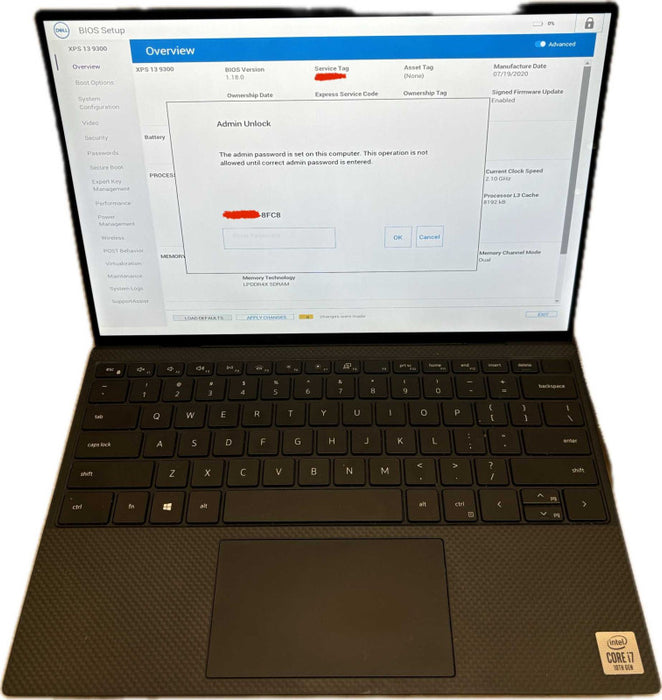 Dell XPS 13 9300 TOUCH i7-1065G7 BIOS Locked No Battery For Parts/Repair READ  Lap200