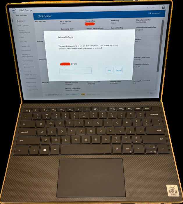 Dell XPS 13 9300 TOUCH i7-1065G7 BIOS Locked For Parts Or Repair READ!  Lap200