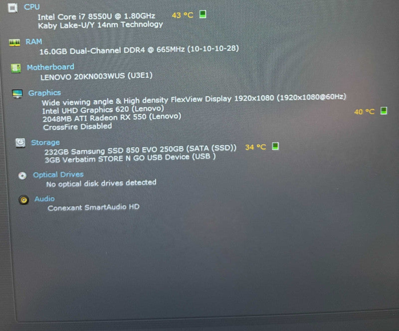 Lenovo ThinkPad E480 i7-8550U@1.8GHz Radeon RX 550 2GB GPU 16GB RAM 250GB SSD  Lap200