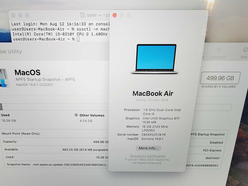 Apple Macbook Air Retina 2018 13" 2-Core i5-8210Y @ 1.6GHz 16GB DDR3 512GB SSD (*