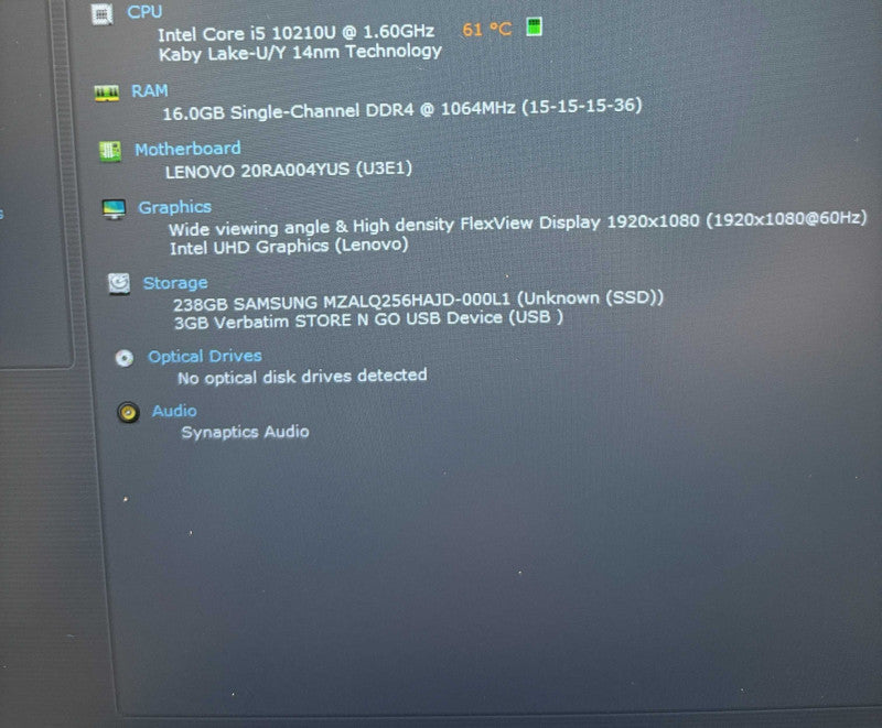 Lenovo ThinkPad E14 Intel Core i5-10210U@1.6GHz 16GB RAM 256GB SSD READ  Lap200