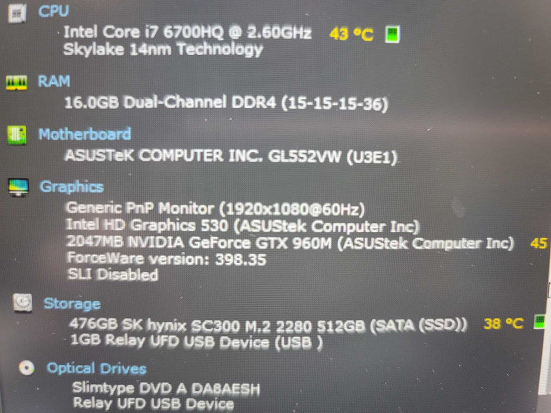 ASUS ROG GL552V| i7-6700HQ| 16GB DDR4| GTX 960M| 512GB SSD NO BAT, NO AC  β Lap200