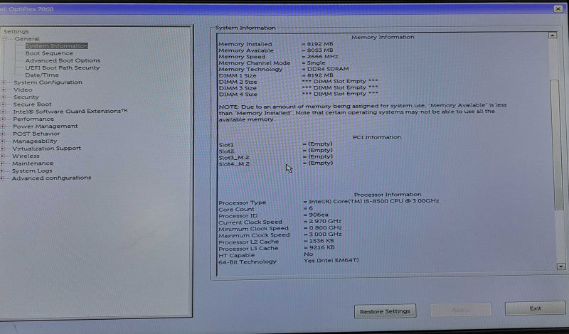 Dell OptiPlex 7060 SFF | i5-8500 @ 3.00GHz 6C, 8GB DDR4, No HDD/OS