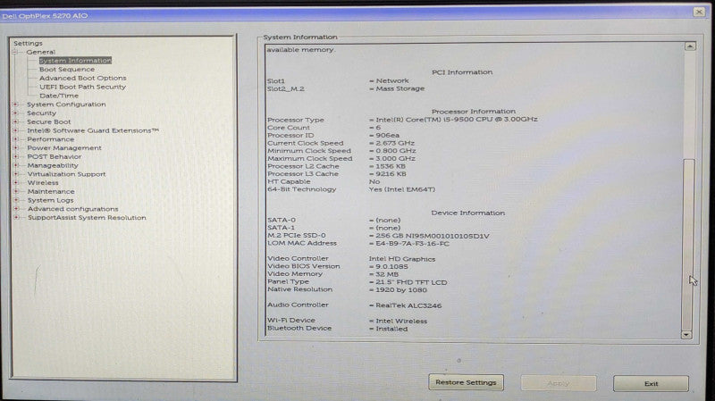 DELL OPTIPLEX 5270 All in One, i5-9500 3.00GHz 6C, 8GB DDR4, 256GB NVMe, WiFi