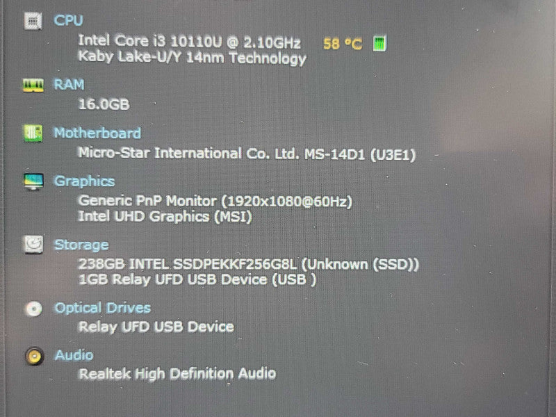 MSI Modern 14| i3-10210U| 16GB DDR4| 256GB M.2 NO BATTERY, READ  β Lap200