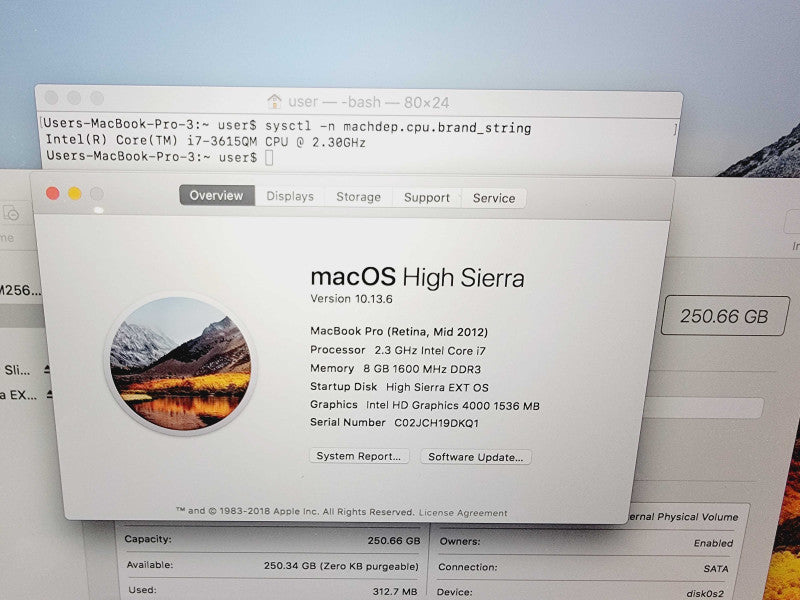 Apple Macbook Pro Retina 2012 15" Core i7-3615QM @ 2.3GHz 8GB DDR3 256GB SSD  (