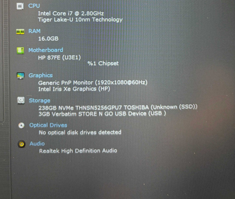 HP 15 dy2013ca Intel Core i7-1167G7@2.8GHz 16GB RAM 256GB SSD READ Q Lap200