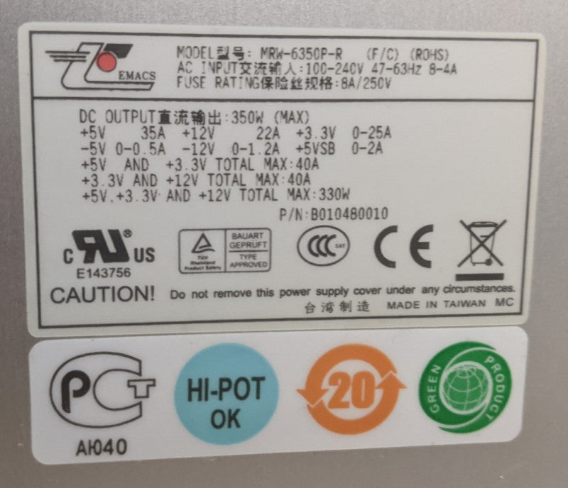 EMACS MRW-6350P-R | 350w Server Power Supply | P/N: B010480010 Q