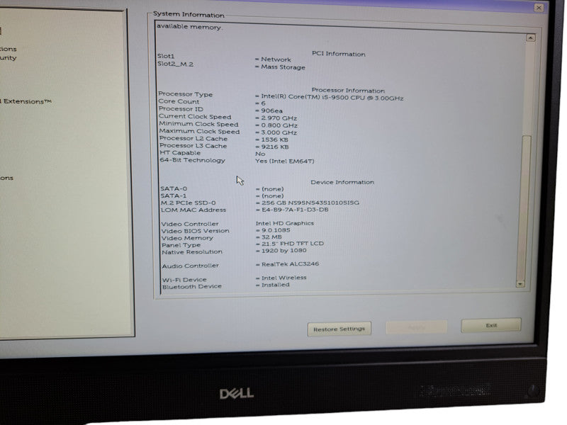 Dell OptiPlex 5270 AIO 21.5" | i5-9500 @ 3.00GHz 6C, 8GB DDR4, 256GB NVMe