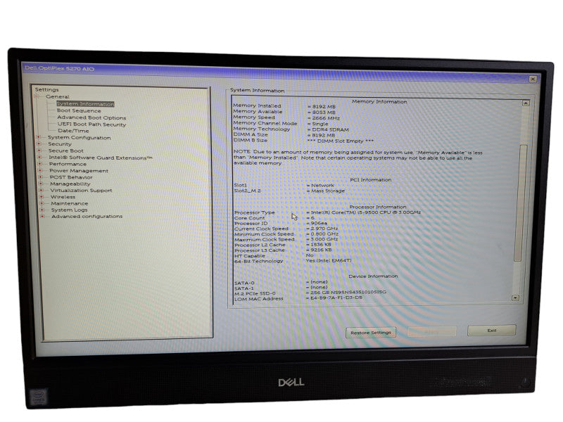 Dell OptiPlex 5270 AIO 21.5" | i5-9500 @ 3.00GHz 6C, 8GB DDR4, 256GB NVMe