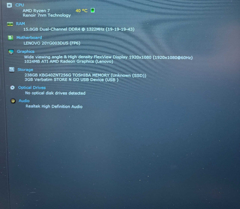 Lenovo ThinkPad E15 Ryzen 7-5700U 16GB RAM 256GB SSD No Power Adapter READ!  Lap200