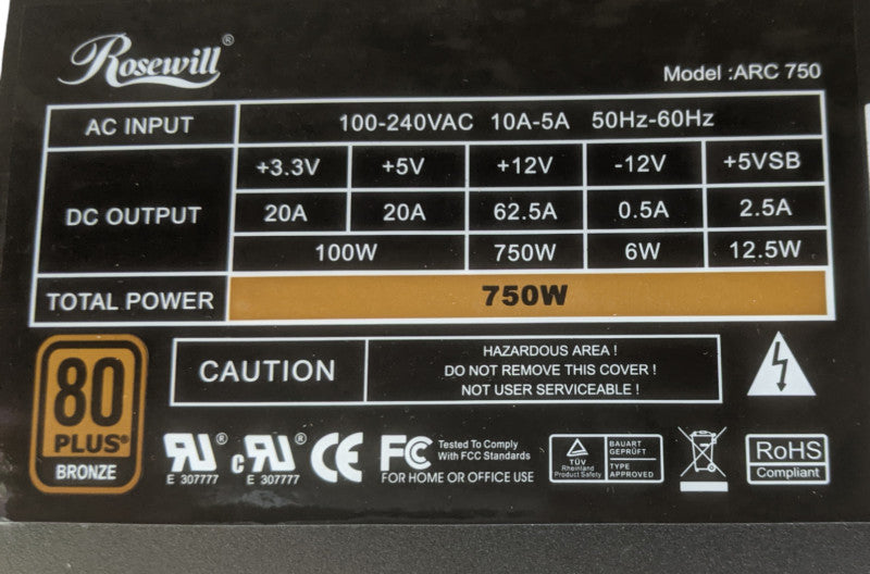 Rosewill ARC 750 | Desktop Power Supply | 80 Plus Bronze