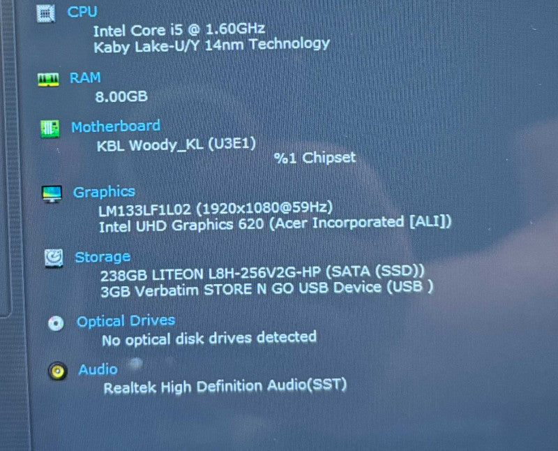 Acer Spin SP513-52N TOUCH Intel Core i5-8250U@1.6GHz 8GB RAM 256GB SSD READ! Q Lap200