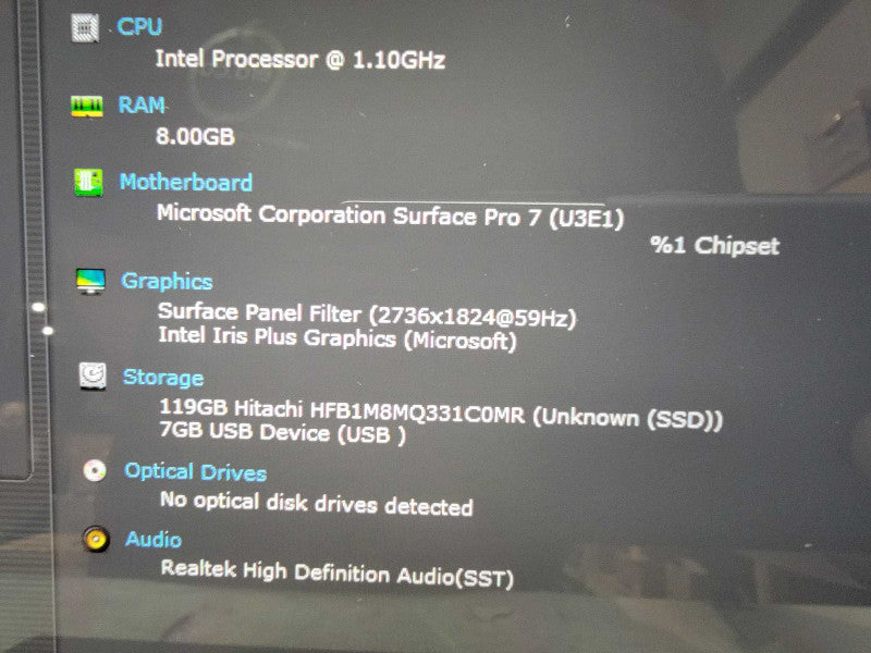 MS Surface Pro 7 1866 | 4-Core i5-1035G4 @1.1GHz | 8GB RAM | 128GB SSD