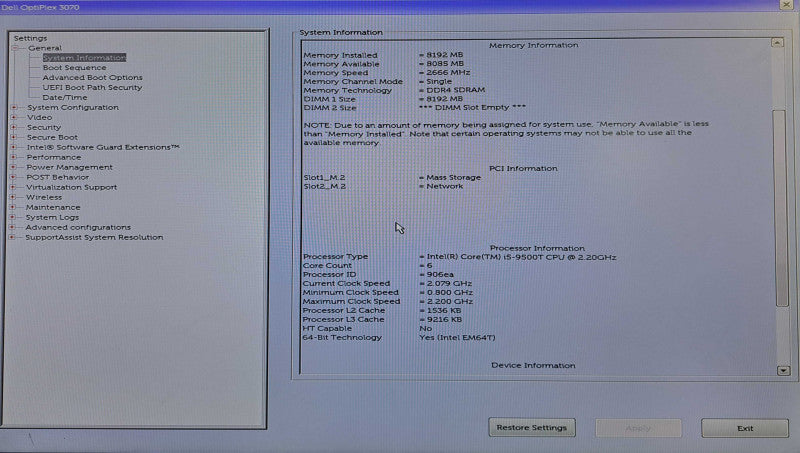 Dell OptiPlex 3070 Micro | i5-9500T @ 2.20GHz 6C, 8GB DDR4, 256GB NVMe, Wi-Fi