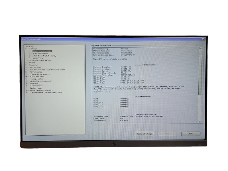 Dell Precision 3440 SFF Intel i7 - 10700 CPU @ 2.90GHz 16GB DDR4 Ram θ