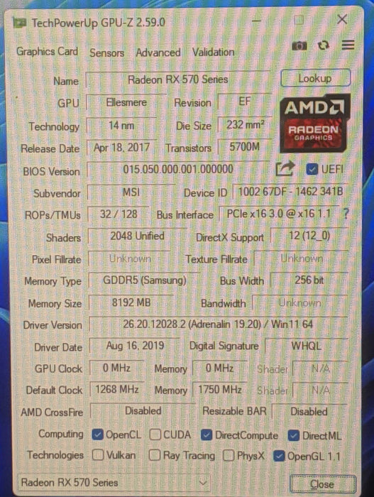 MSI Radeon RX 570 Armor 8G OC 8GB GPU | 3xDisplay Port 1xDVI-D 1xHDMI