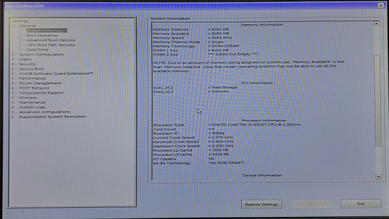 Dell OptiPlex 3070 Micro | i5-9500T @ 2.20GHz 6C, 8GB DDR4, 256GB NVMe, Wi-Fi