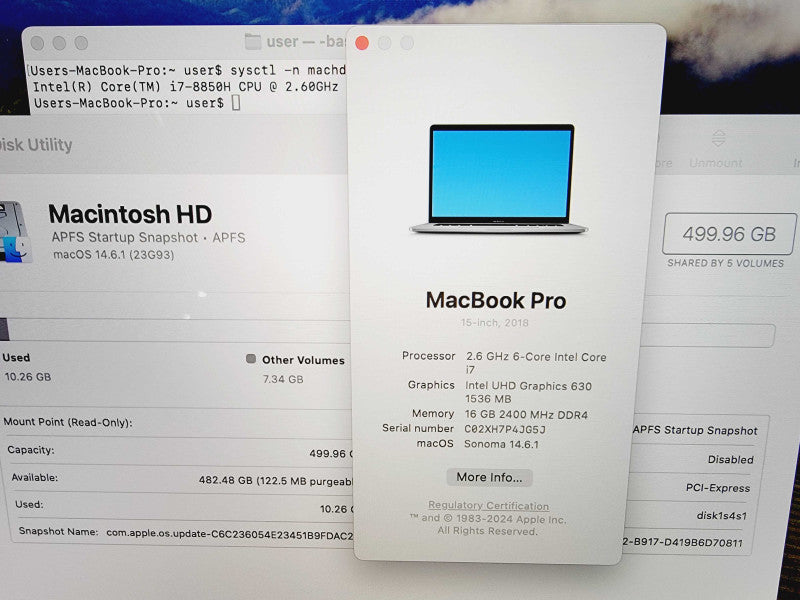 Apple Macbook Pro 2018 15" 6-Core i7-8850H @ 2.6GHz 16GB DDR4 512GB SSD (
