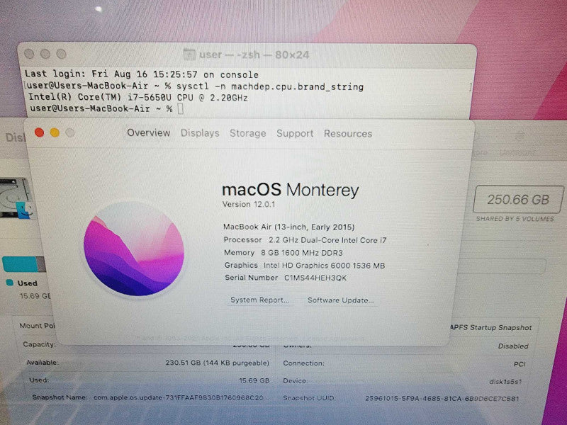 Apple Macbook Air 2015 13" 2-Core i7-5650U @ 2.2GHz 8GB DDR3 256GB SSD (