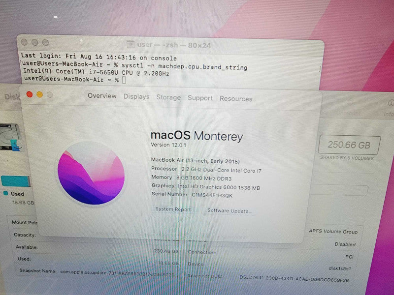 Apple Macbook Air 2015 13" 2-Core i7-5650U @ 2.2GHz 8GB DDR3 256GB SSD (